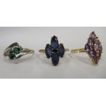 Three 9ct gold rings, variously set with amethyst,