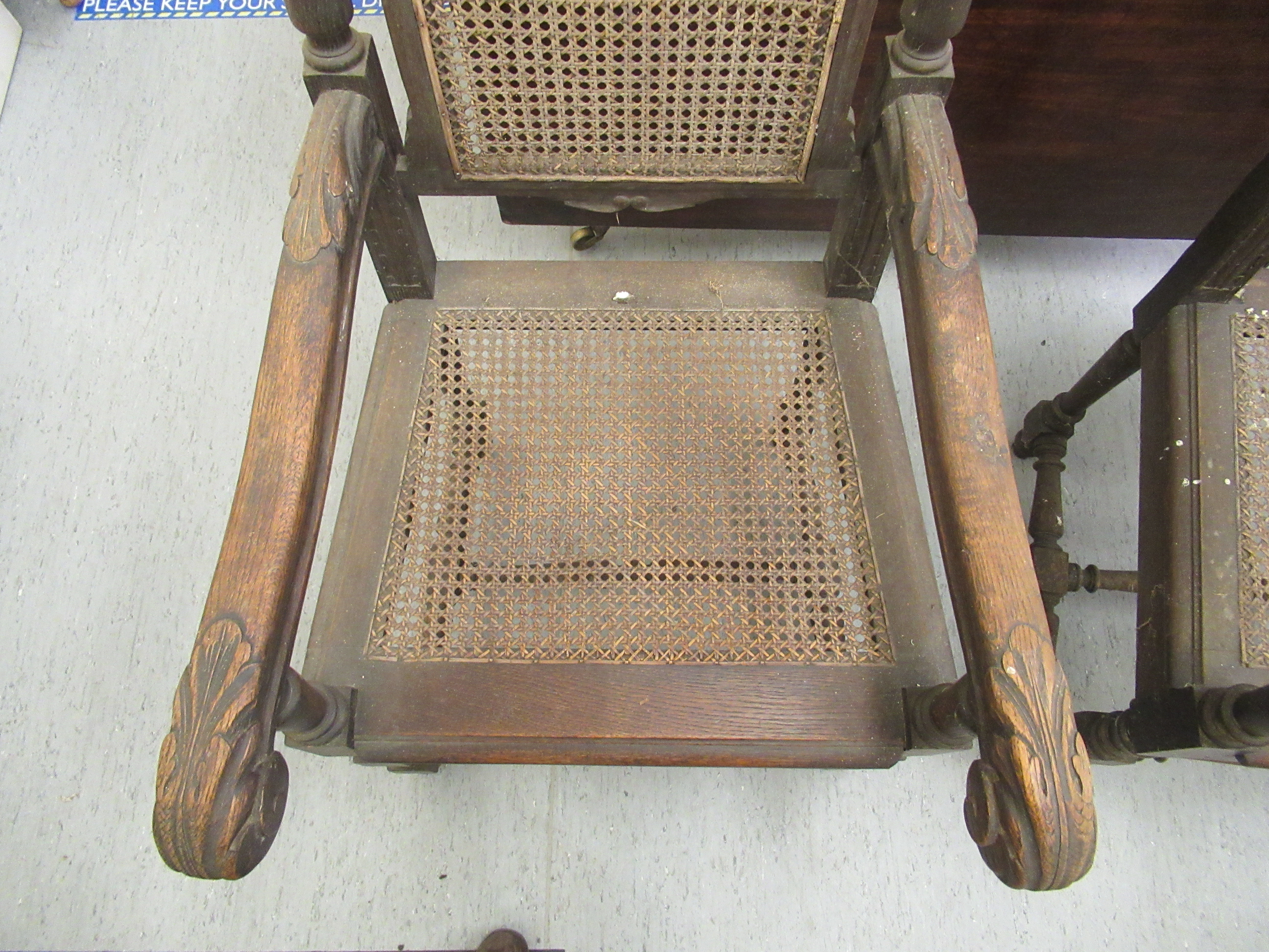 A pair of late 19thC baronial style, oak framed, high back chairs with carved crests, side pillars, - Image 3 of 4