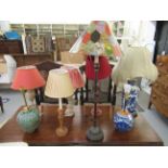 Eight various 20thC table lamps: to include one vase design in Chinese style and decorated in blue