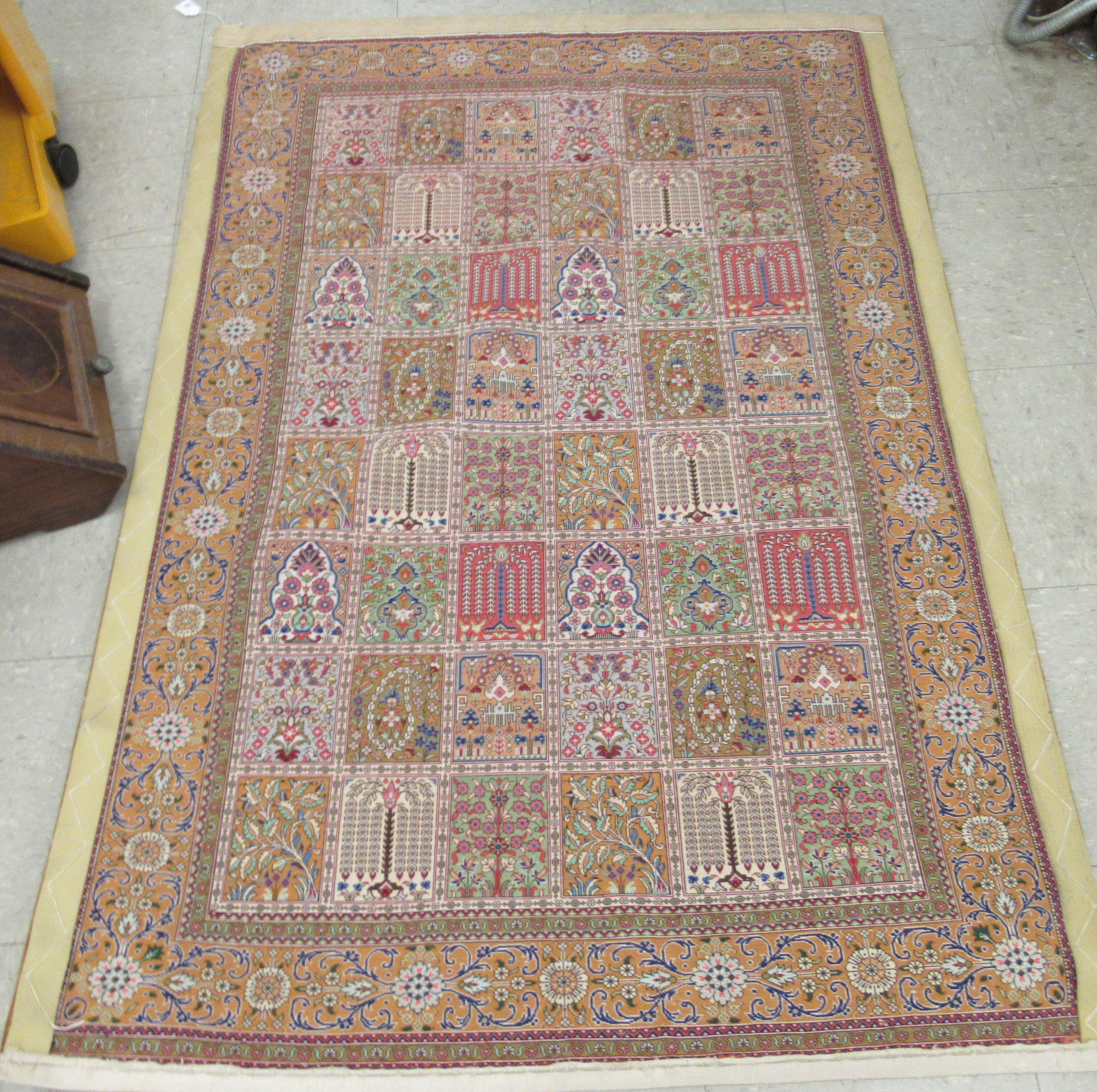 A Persian part silk/part woollen rug, decorated with repeating rectangular panels, - Image 6 of 8