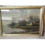 Late 19th/early 20thC European School - a landscape with a lake and cottages beyond oil on canvas