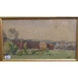 T Greswick - a farmhouse in a landscape with a village and hills beyond watercolour bears a