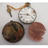 A late 18thC silver and part enamelled pair cased pocket watch, the key wind,