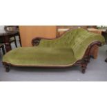 A late Victorian rosewood framed chaise longue, button upholstered in green fabric,