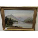 Alfred Wilde - a landscape with a boat on a lake and mountains beyond oil on canvas bears a