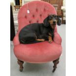 A late Victorian nursing chair, the later part buttoned pink fabric upholstered back and seat,