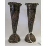 Two late Victorian loaded silver specimen vases of trumpet form with flora,