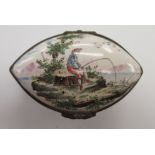 A mid 18thC French lozenge shaped, enamelled patch box, the hinged lid depicting a lone fisherman,