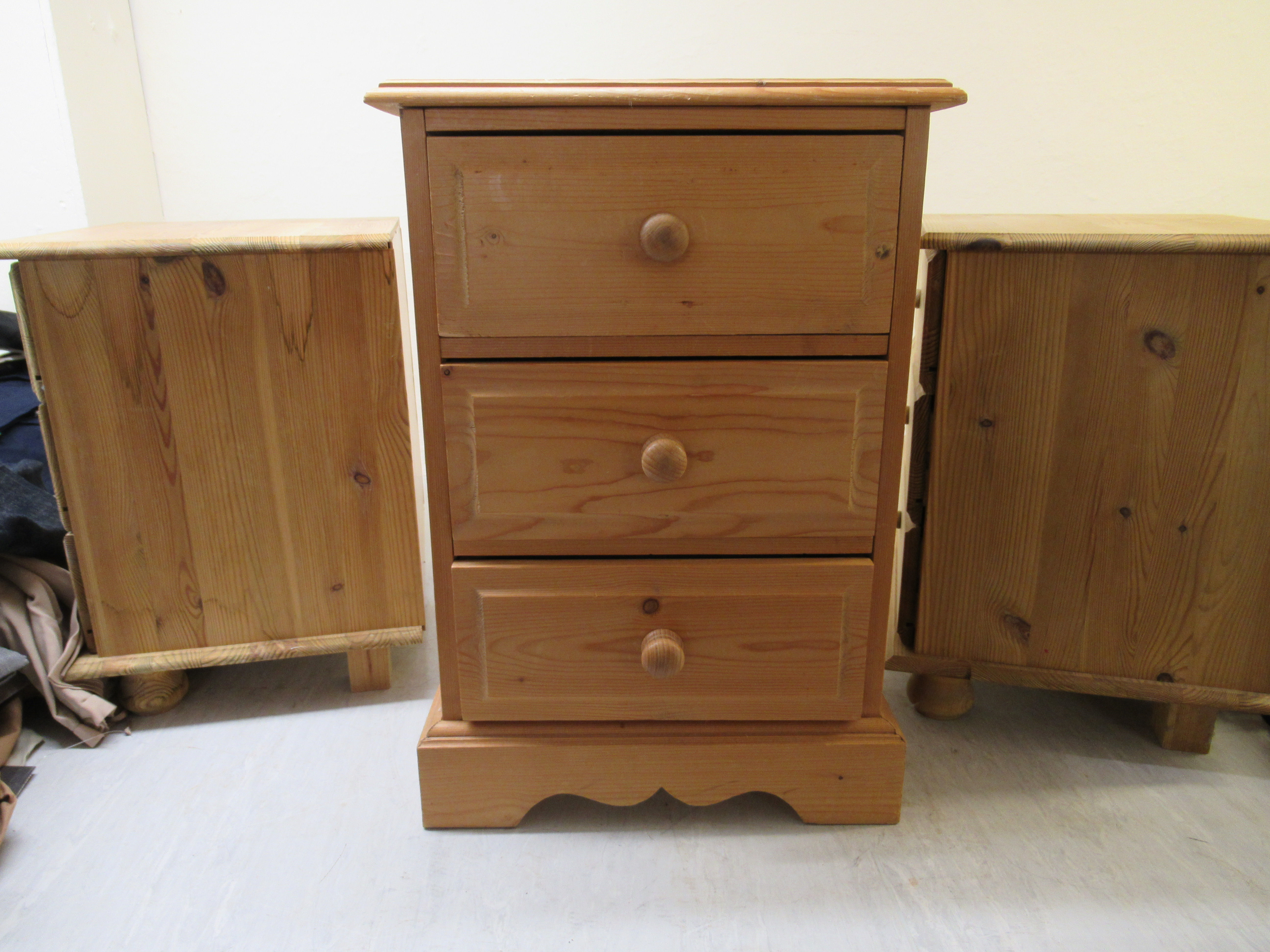 Three similar pine three drawer bedside chests, on plinths largest 23''h 15. - Image 4 of 6