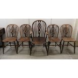 A set of five late 19thC beech and elm framed wheel, hoop and spindled back Windsor chairs,