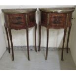 A pair of early 20thC French string inlaid burr walnut and rosewood veneered bedside chests,