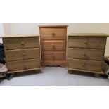 Three similar pine three drawer bedside chests, on plinths largest 23''h 15.