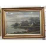 Late 19th/early 20thC European School - a landscape with a lake and cottages beyond oil on canvas