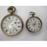 A lady's engraved silver cased fob watch, the movement faced by a floral decorated,