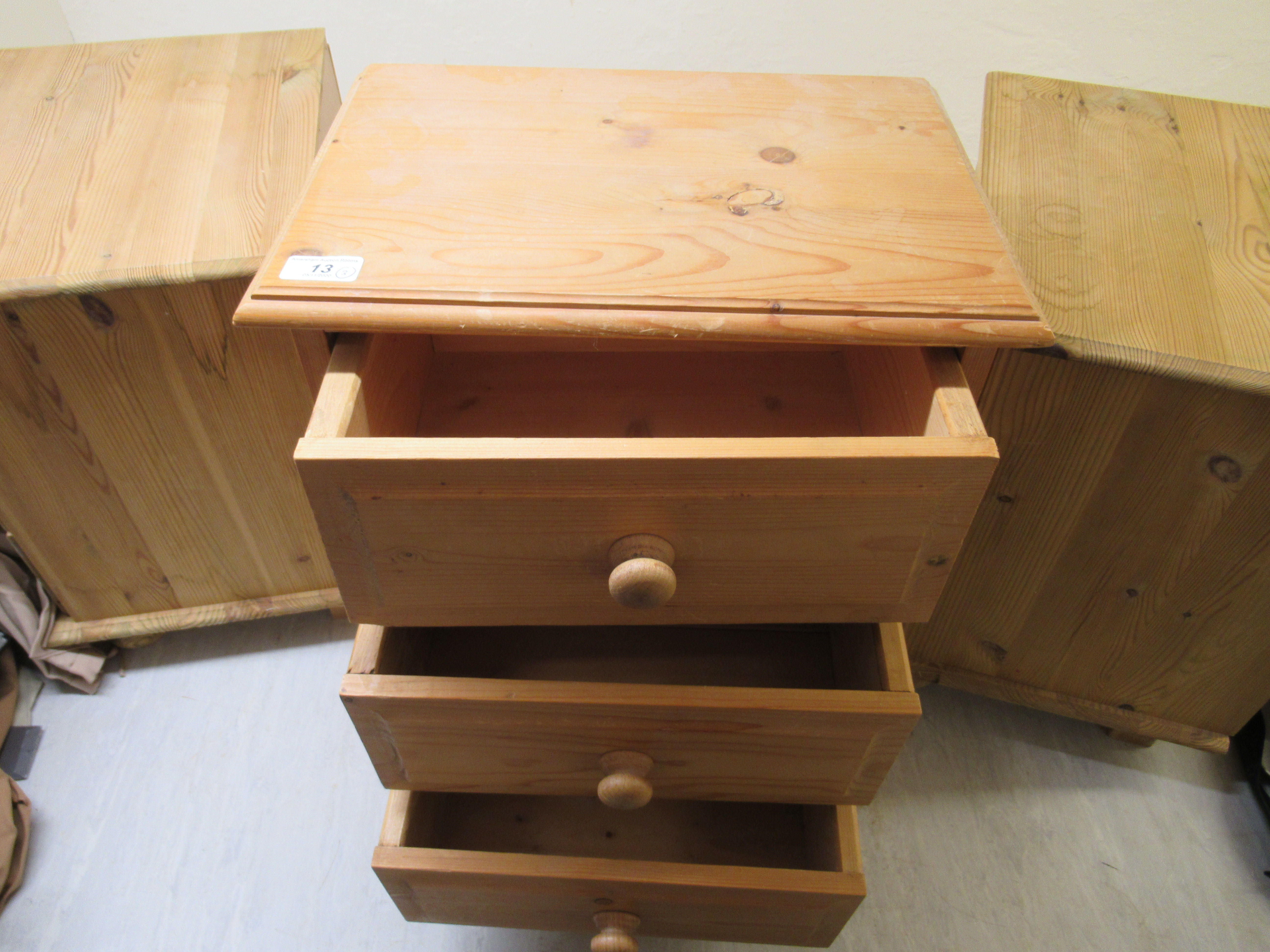 Three similar pine three drawer bedside chests, on plinths largest 23''h 15. - Image 5 of 6