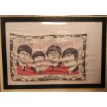 A printed coloured Beatles tea towels, decorated with the band members,