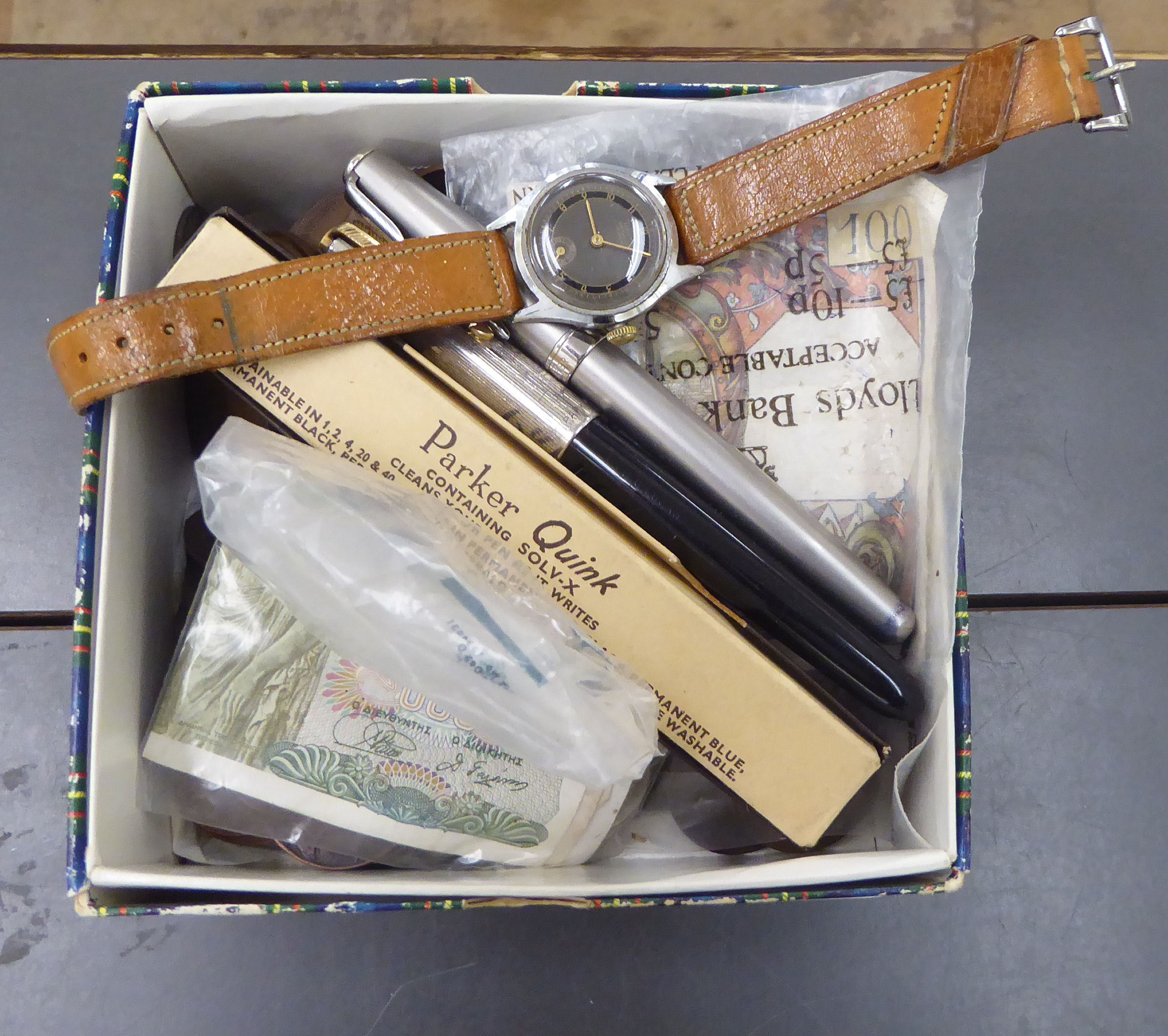 A mixed lot: to include pens, coins,