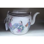 A late 19thC Chinese porcelain teapot of oval, ribbed form,