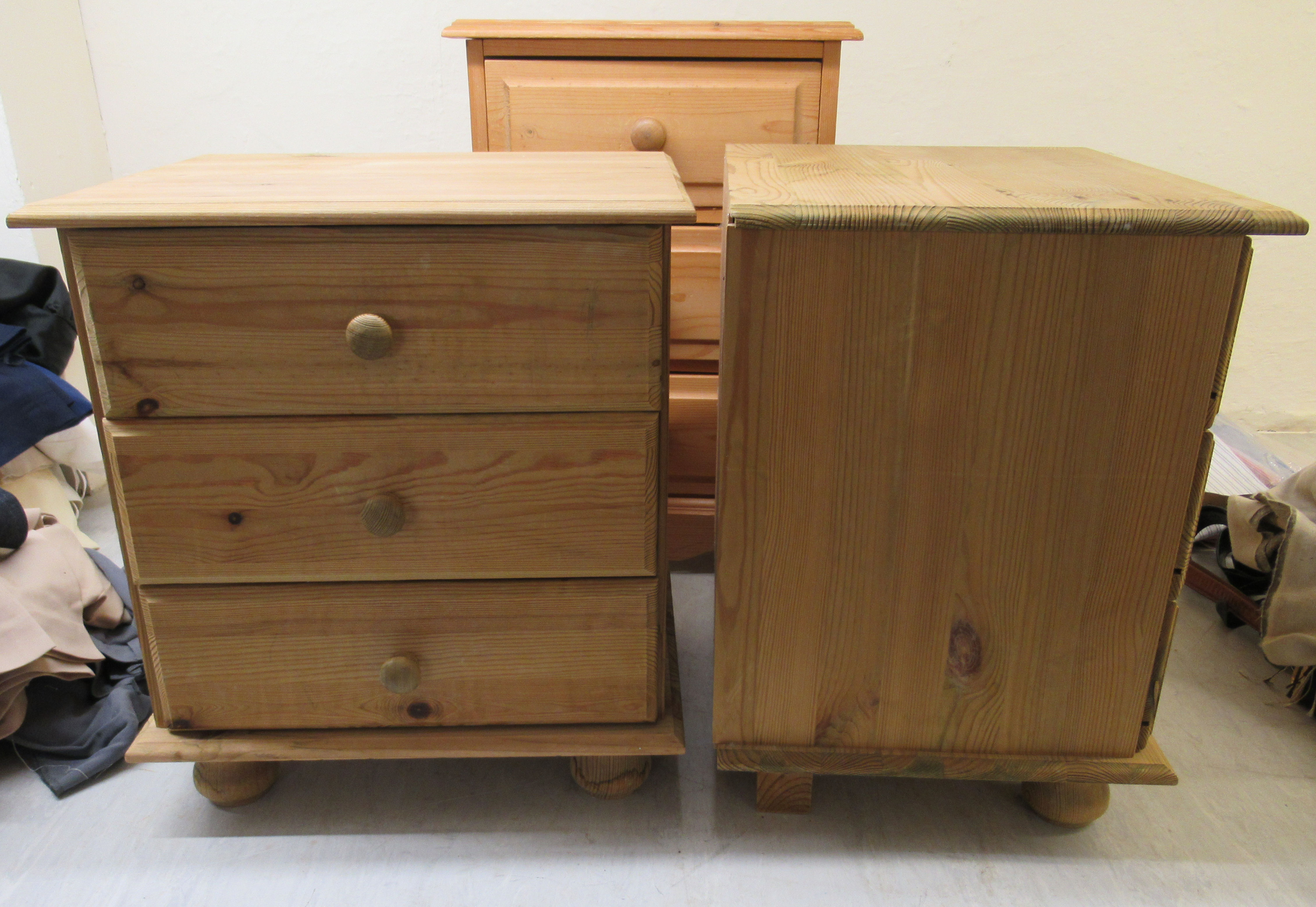 Three similar pine three drawer bedside chests, on plinths largest 23''h 15. - Image 2 of 6