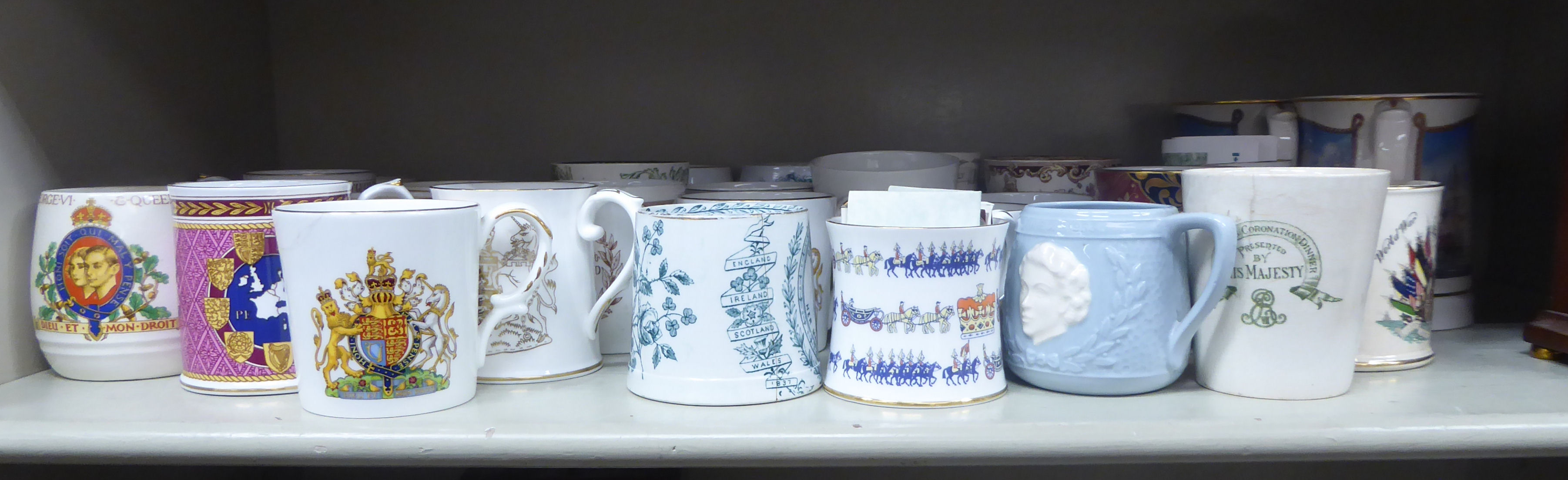 20thC china Royal commemorative mugs and beakers: to include one celebrating the Coronation of