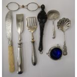 A mixed lot: to include lorgnettes; an early 19thC silver caddy spoon; and a silver butter knife,