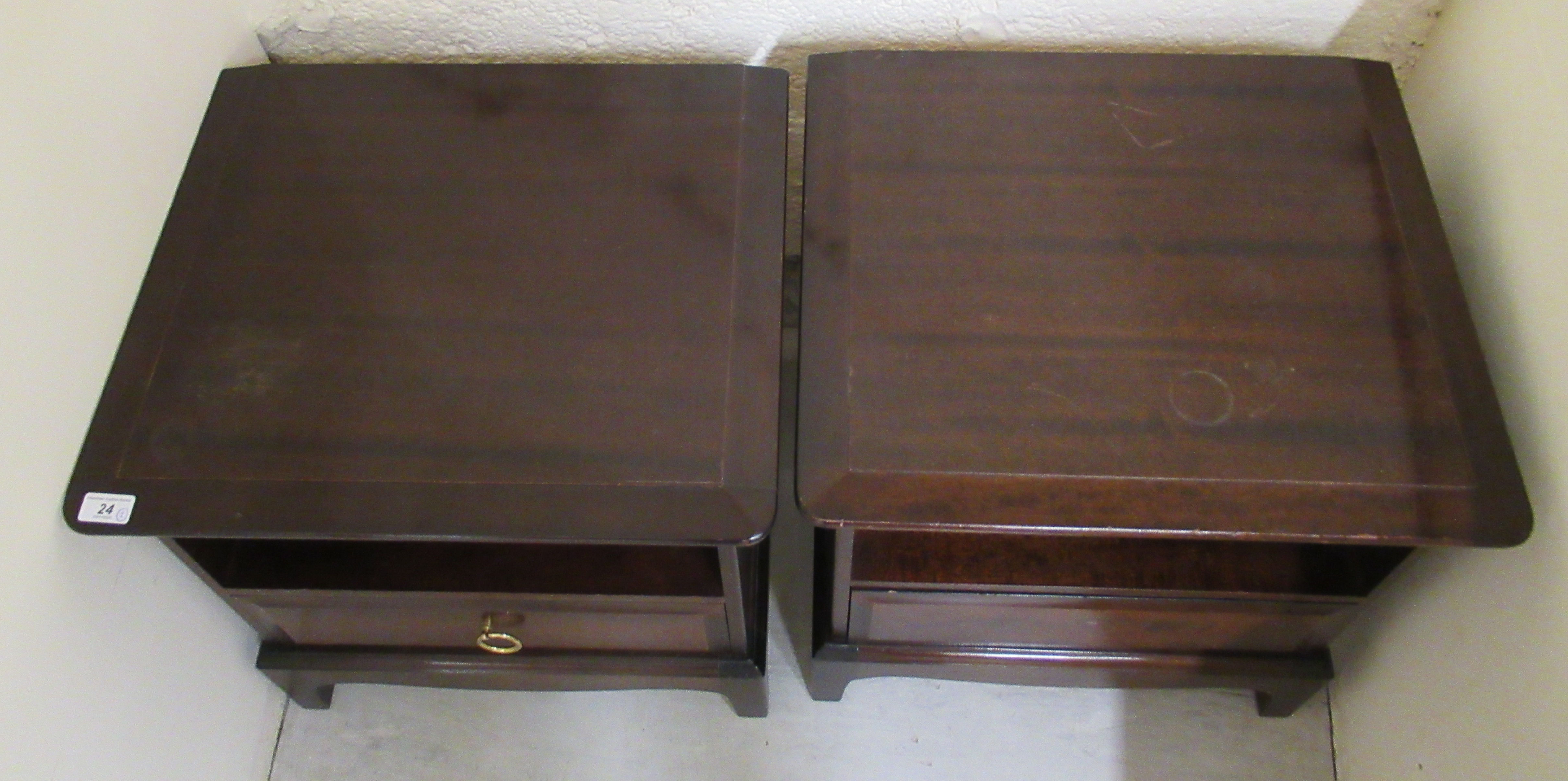 A pair of 20thC Stag mahogany bedside chests, each with an open shelf, over a long drawer, - Image 2 of 5