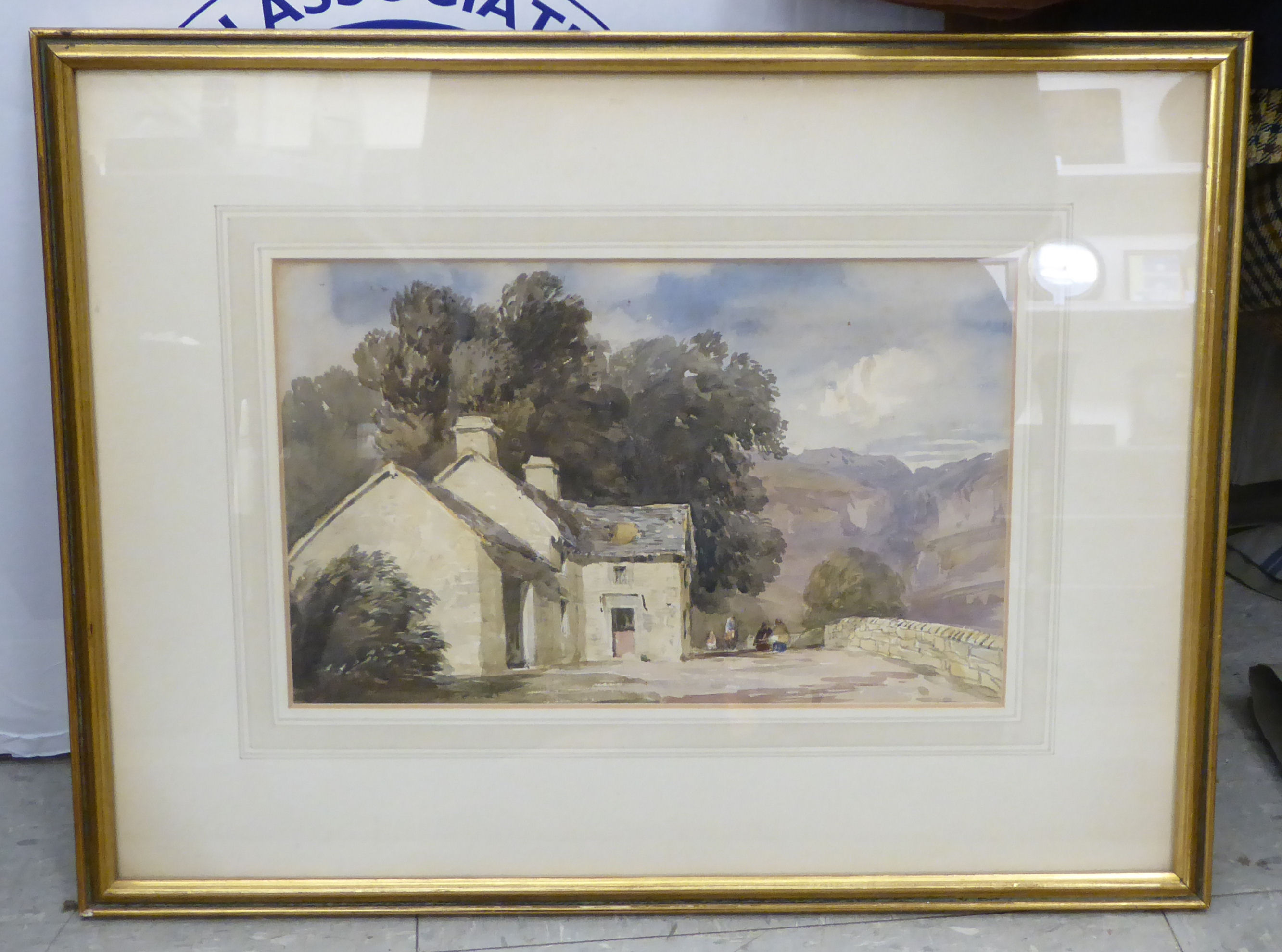 In the manner of Peter de Wint - figures on a heath by a cottage watercolour 7'' x 11'' framed