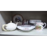 Decorative ceramics: to include a Belleek porcelain teapot and a basket vase 4''h OS3