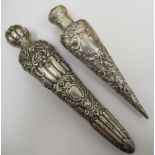 Two similar Victorian design silver scent bottles of tapered form, one having a threaded cap,