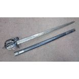 A 17thC style sword with a decoratively pierced iron crown basket hilt and a wire bound handgrip