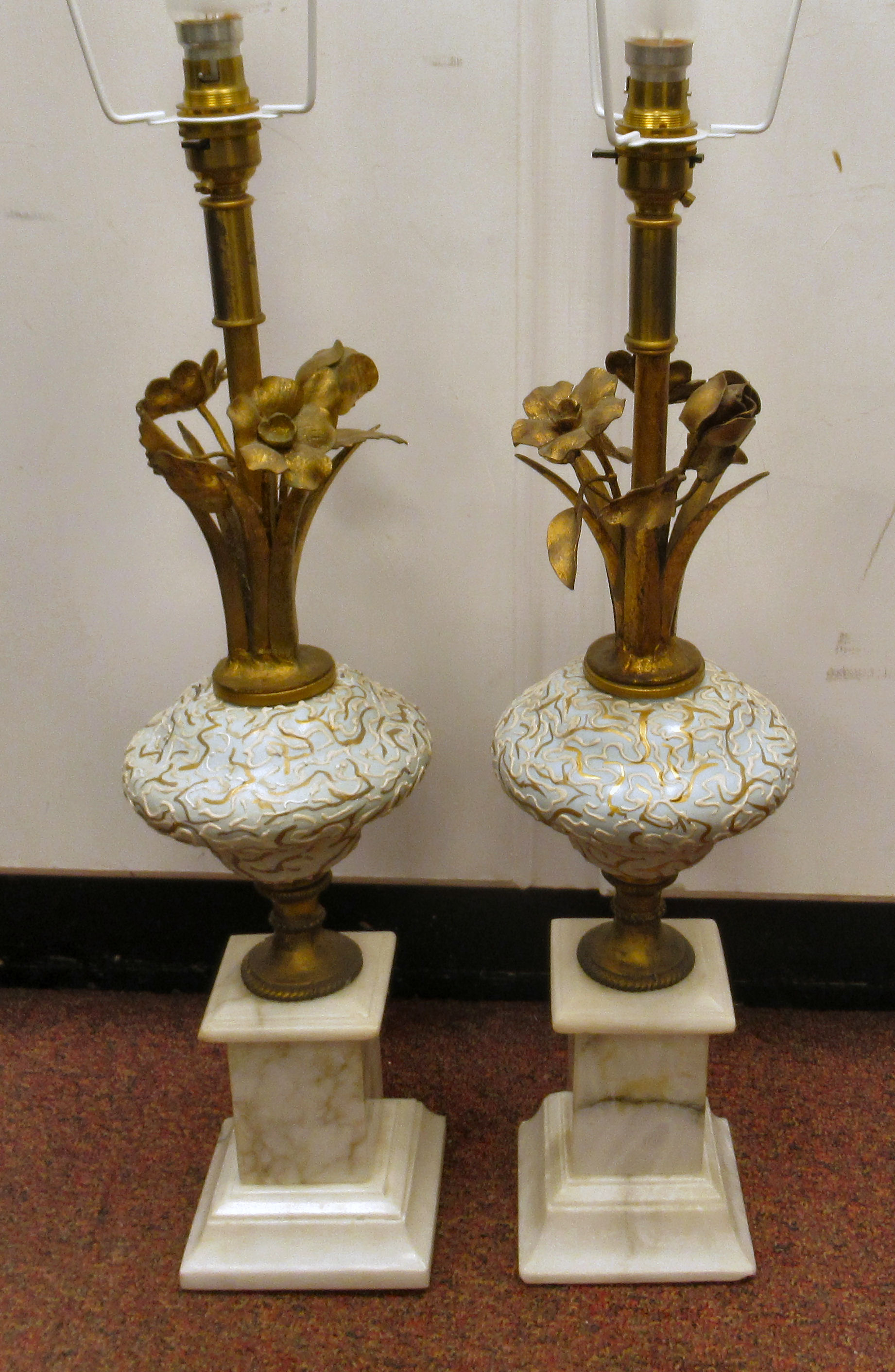 A pair of modern table lamps, each comprising a naturalistically fashioned gilt metal, - Image 3 of 9