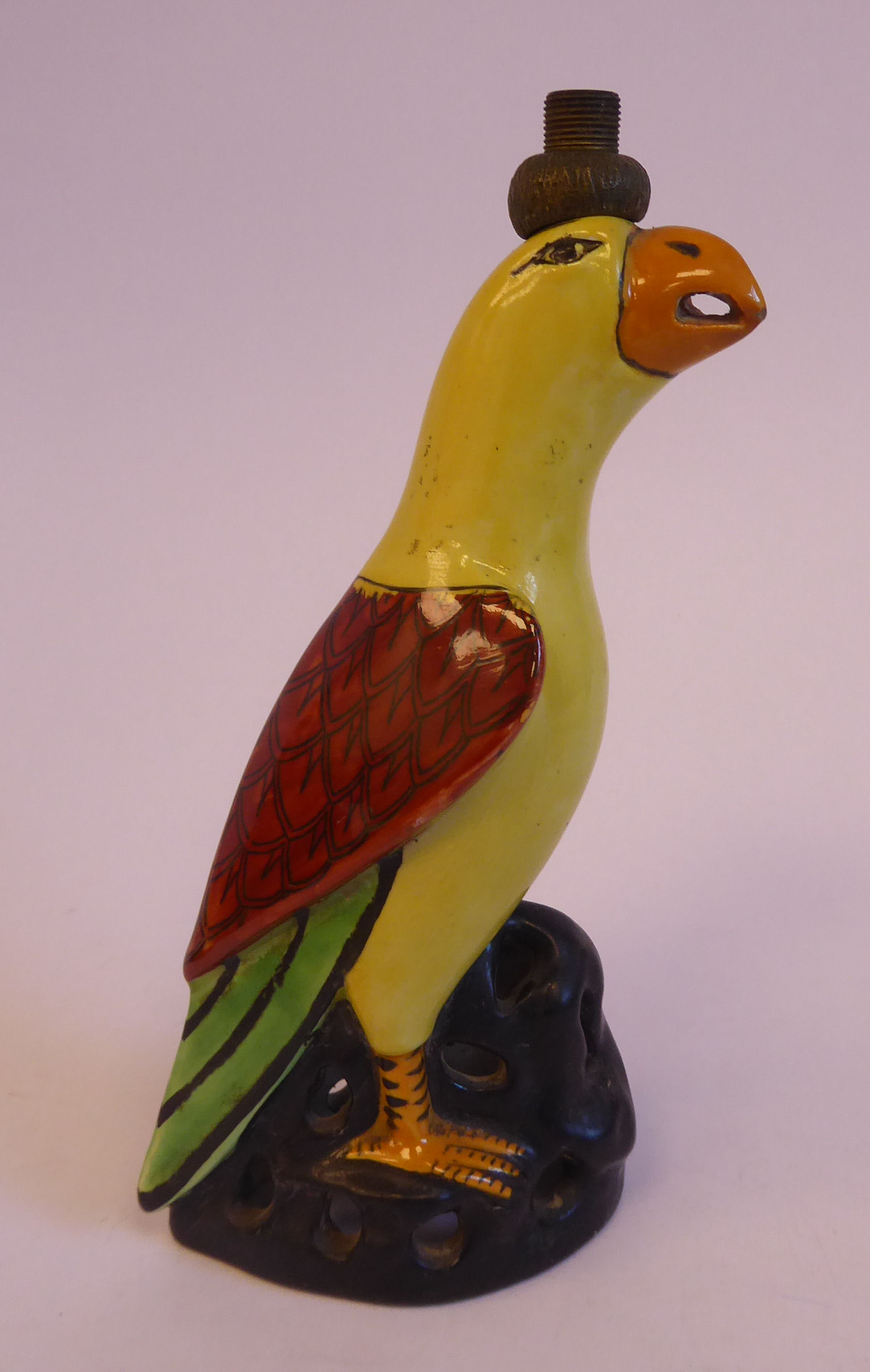 An early 20thC Continental porcelain novelty lamp base, a parrot with yellow and iron red plumage, - Image 2 of 5