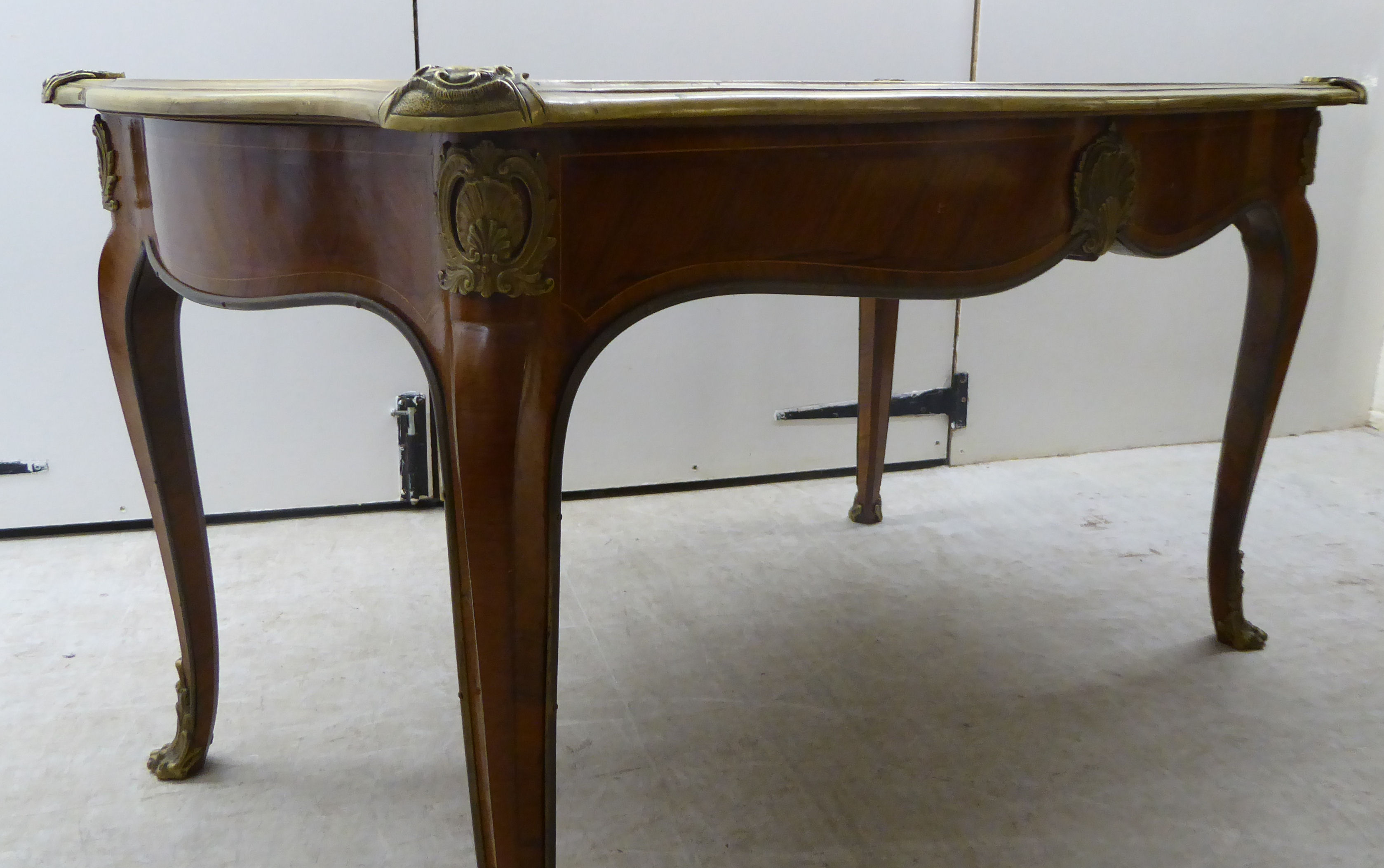 A Louis XV inspired kingwood and parquetry serpentine outlined table with gilt metal mounts, - Image 5 of 7