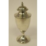 An Edwardian silver caster of covered pedestal vase design with applied wire borders,