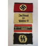 Four various World War II German military printed and embroidered uniform armbands (Please Note: