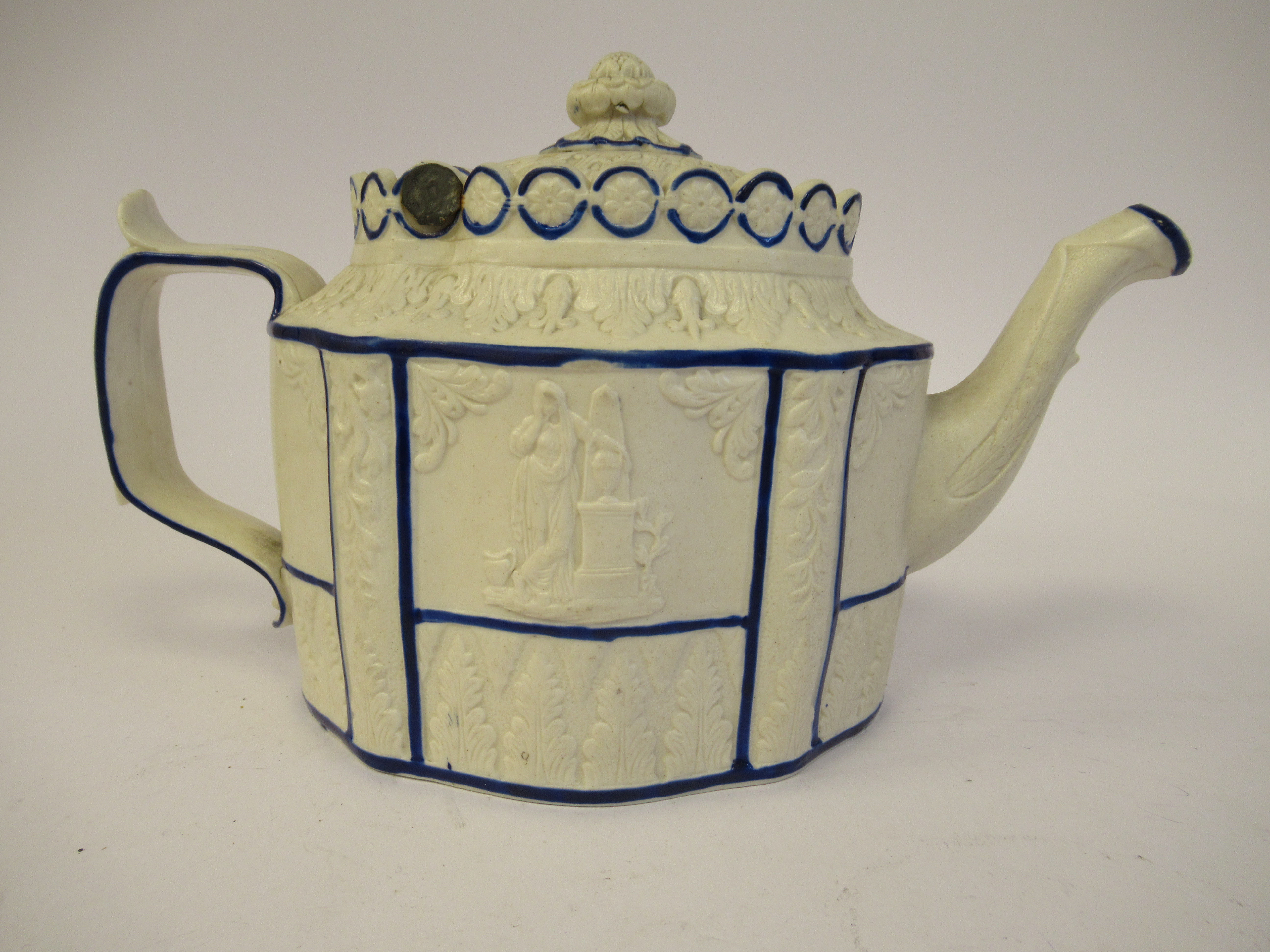 A late 18th/early 19thC Staffordshire naturally coloured biscuit porcelain and blue lined teapot of - Image 2 of 4