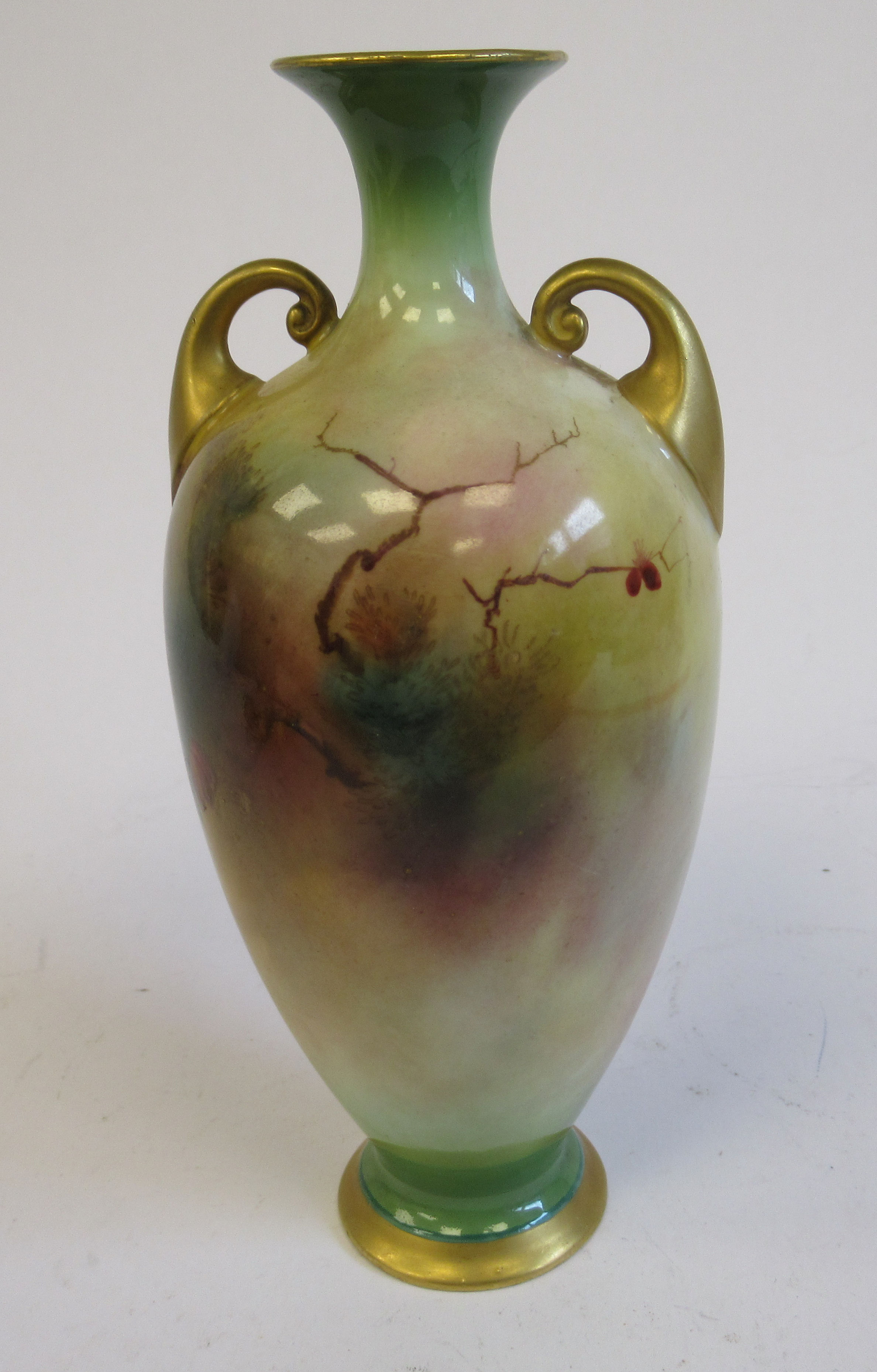 A Royal Worcester china pedestal vase of ovoid form, having a narrow neck, flared rim and twin, - Image 2 of 5