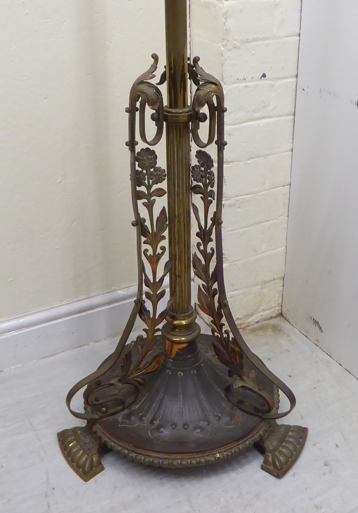 A late Victorian copper and brass lamp standard with a reservoir, over a height adjustable column, - Image 2 of 5
