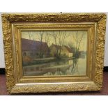 Late 19th/early 20thC mid European School - a canal in winter with cottages oil on board 13'' x