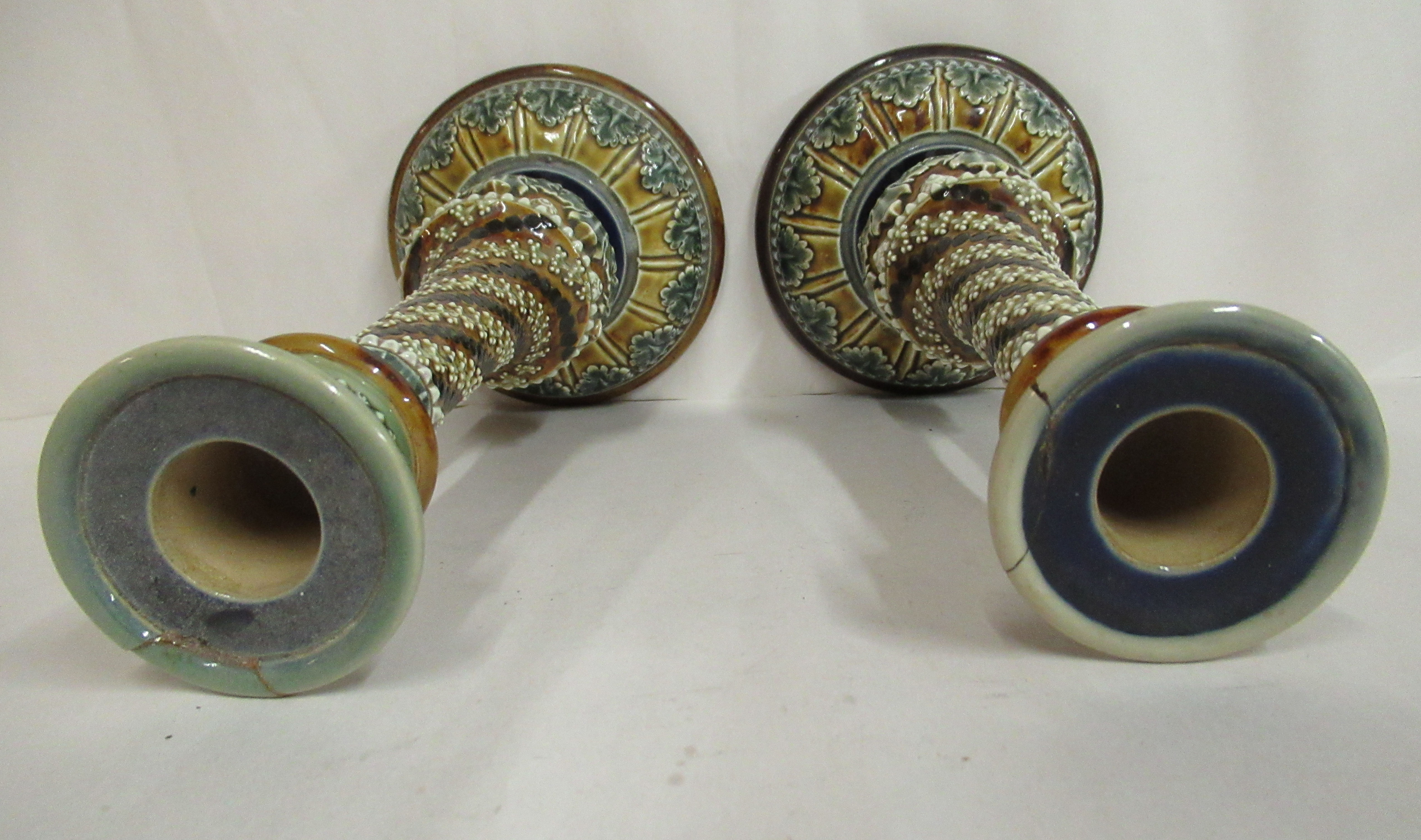 A pair of Doulton Lambeth blue, green and brown glazed stoneware candlesticks, decorated in moulded, - Image 3 of 10