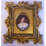 A late 19thC head and shoulders portrait miniature, a young woman, her hair in ringlets,