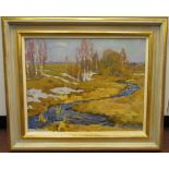 AT Yushlohkob (Russian) - 'Becha' a landscape with a river and trees oil on board bears initials