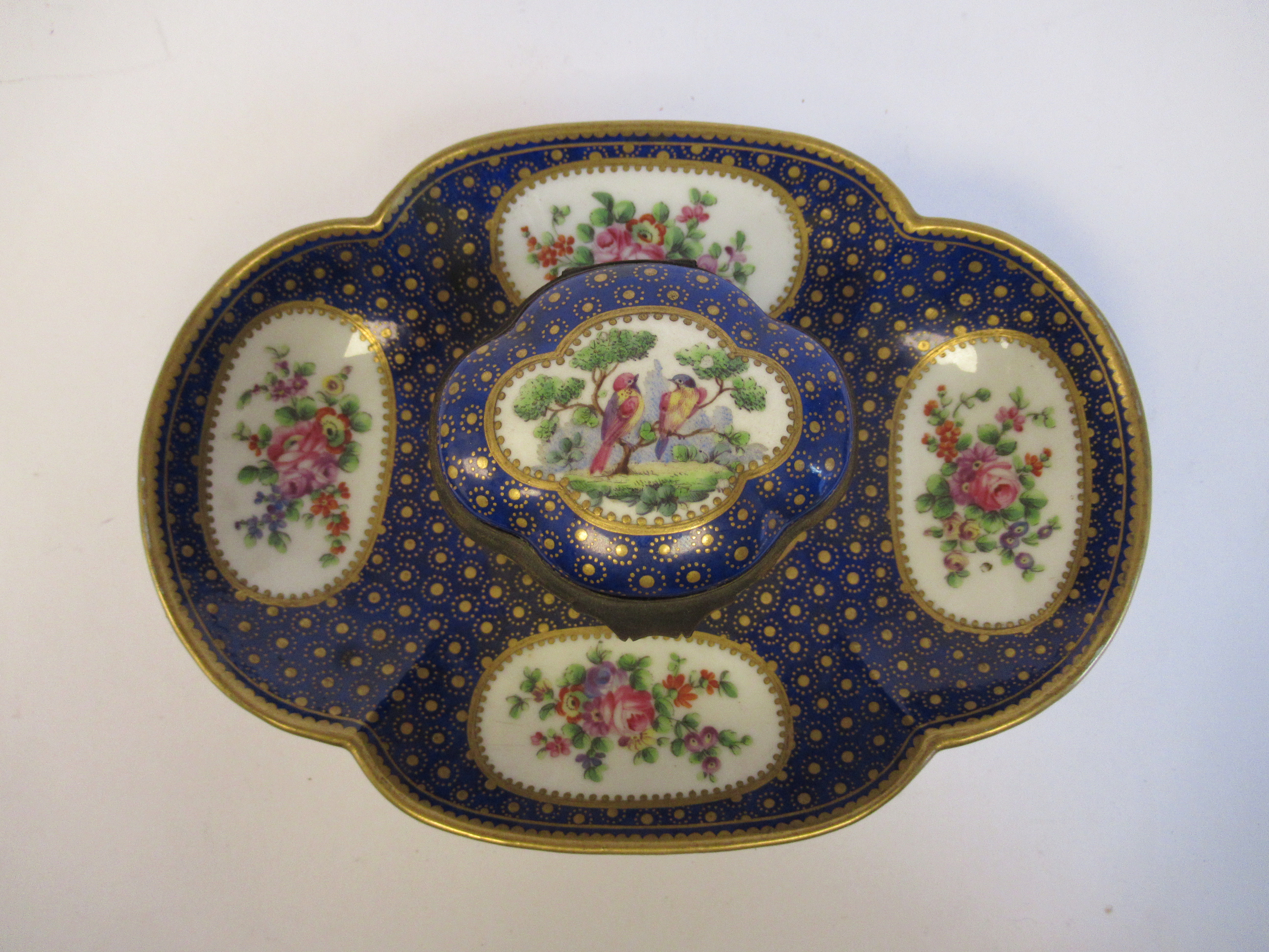 A 19thC Continental gilt metal mounted porcelain inkstand, attached to a lobed, oval saucer, - Image 6 of 8