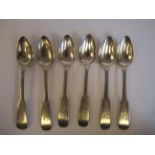 A set of six 19thC (believed to be Scottish) provincial silver fiddle pattern teaspoons marked DF