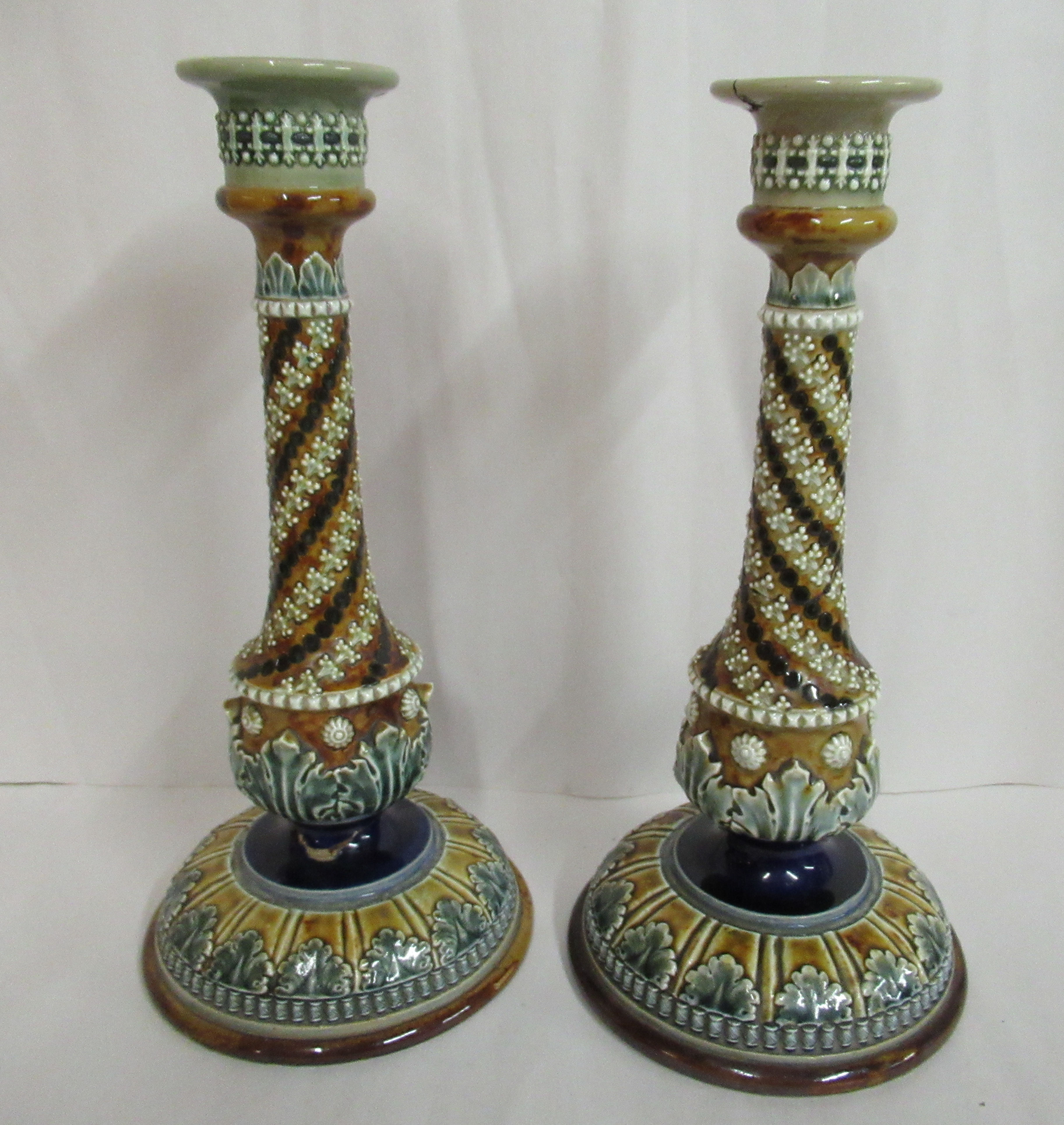 A pair of Doulton Lambeth blue, green and brown glazed stoneware candlesticks, decorated in moulded, - Image 2 of 10