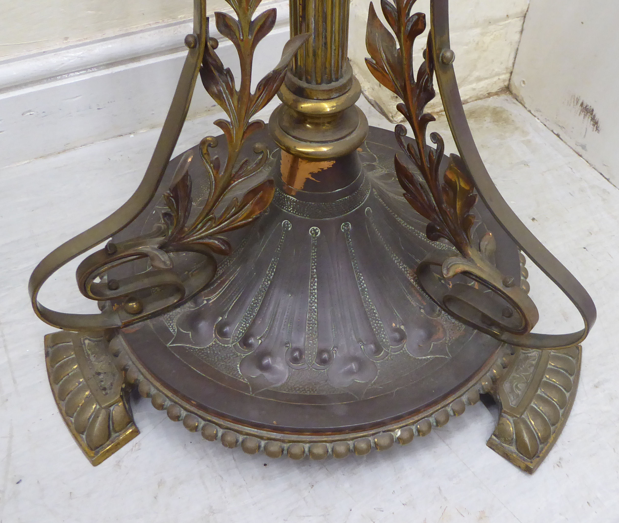 A late Victorian copper and brass lamp standard with a reservoir, over a height adjustable column, - Image 3 of 5