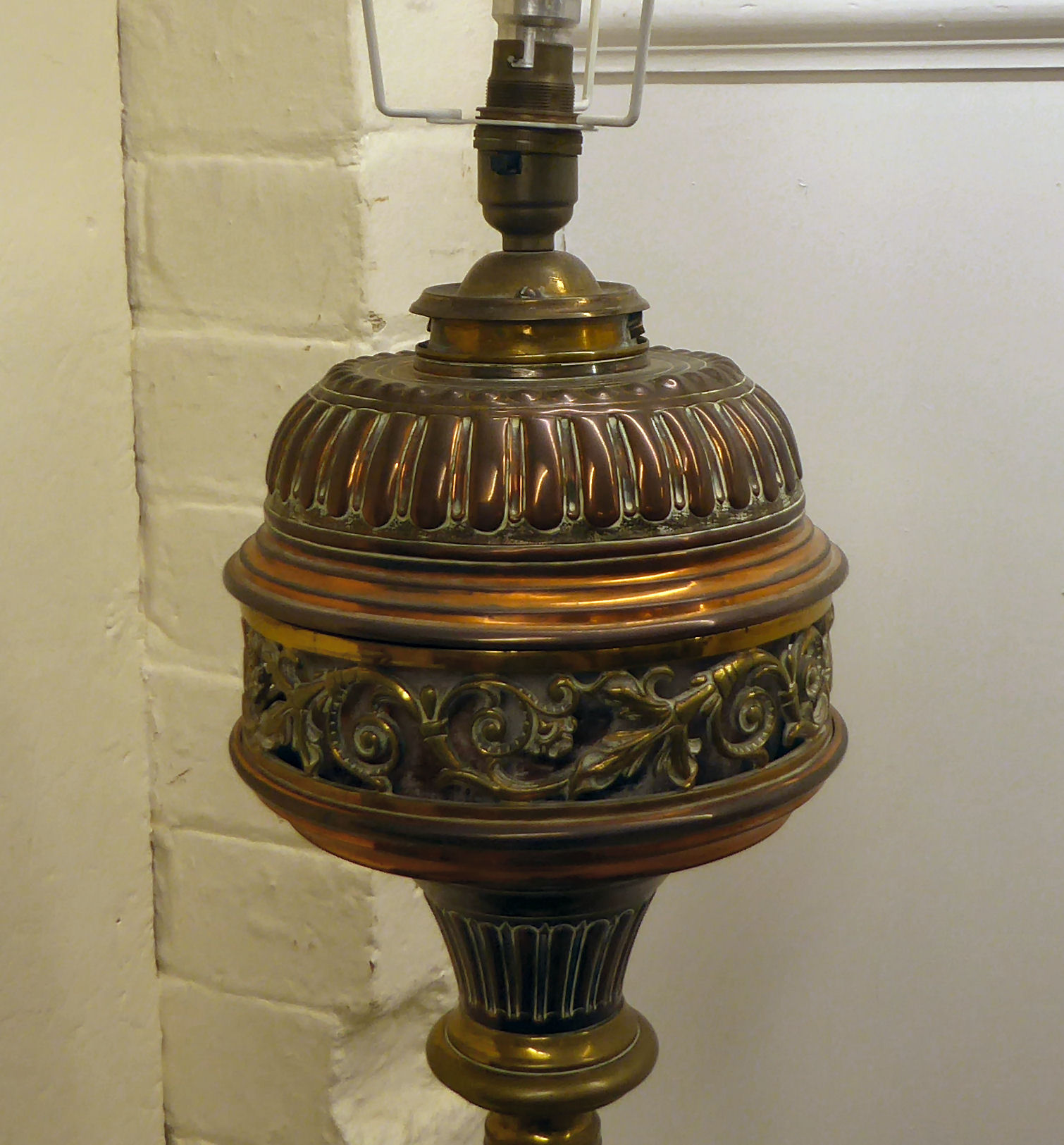 A late Victorian copper and brass lamp standard with a reservoir, over a height adjustable column, - Image 4 of 5