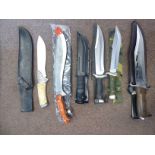 Six various survival/hunting knives with associated sheaths