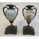 A pair of late 19thC patinated bronze and porcelain mounted and painted candleholder style,