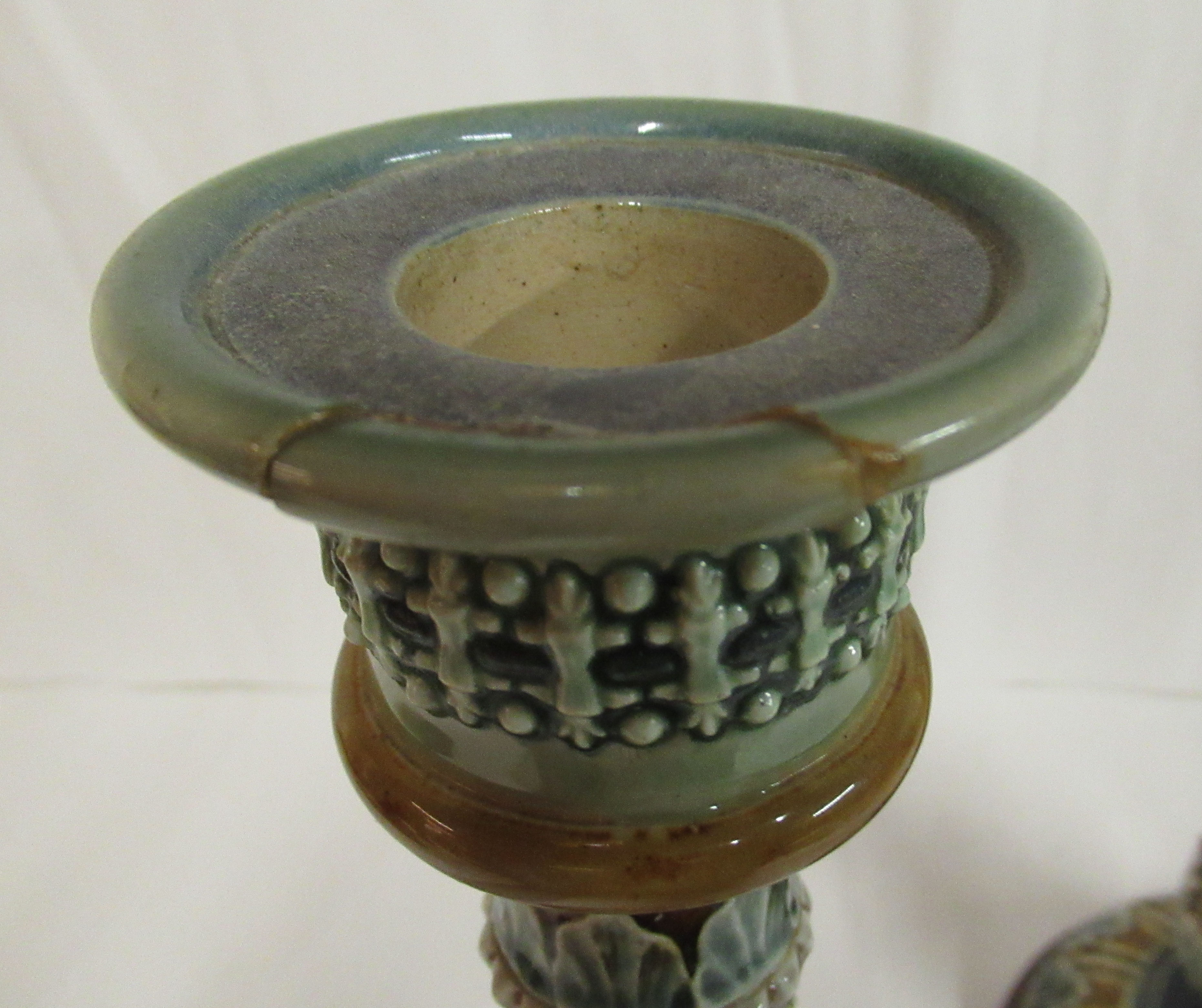 A pair of Doulton Lambeth blue, green and brown glazed stoneware candlesticks, decorated in moulded, - Image 8 of 10